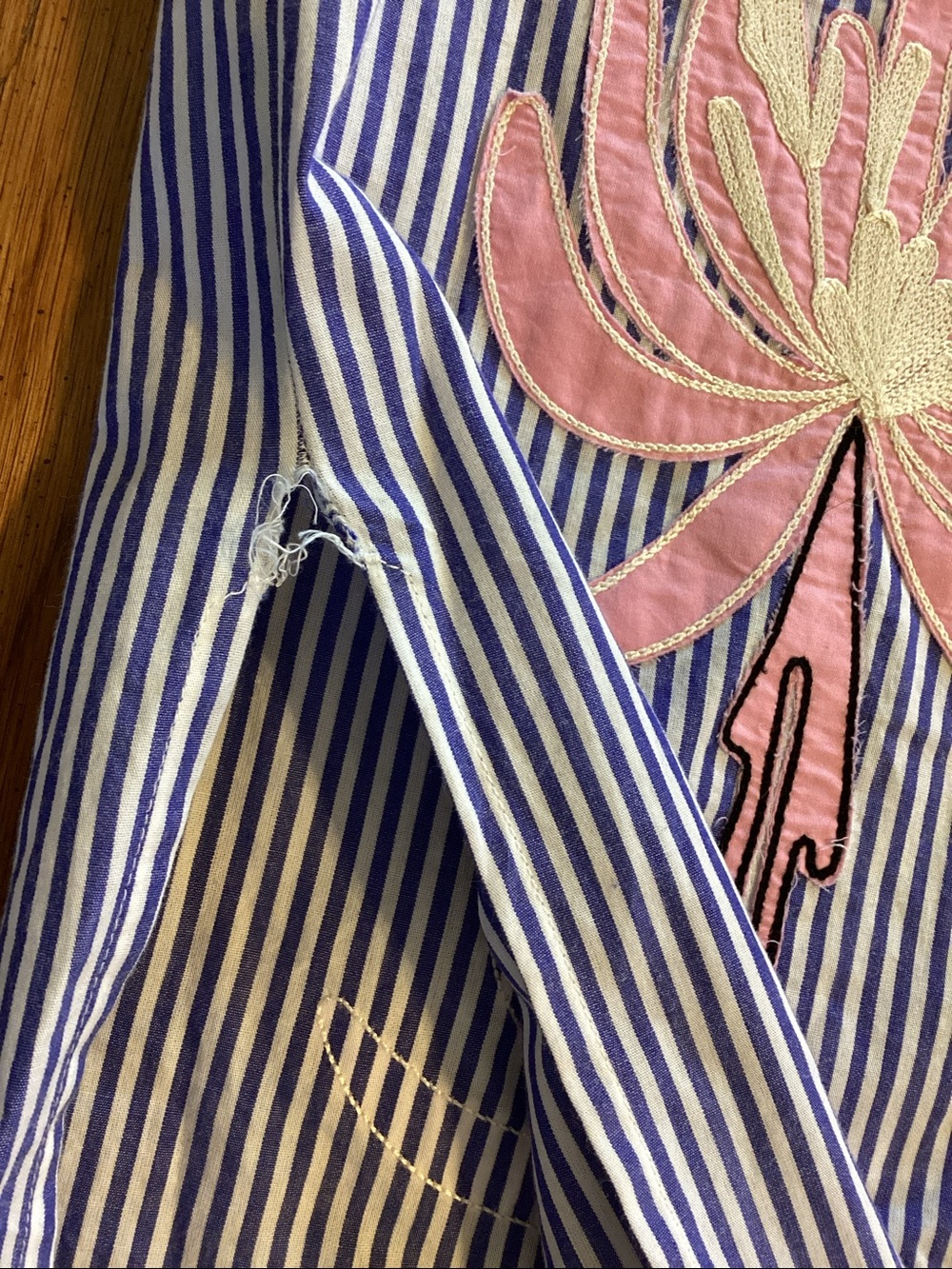 Tory Burch blue and white striped shirt dress with pink embroidered flowers. - Picture 9 of 16